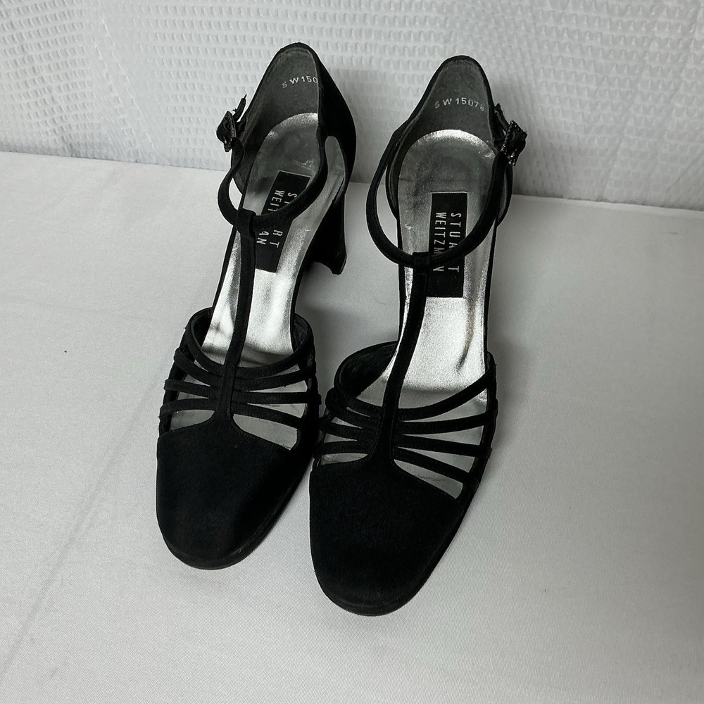 STUART WEITZMAN Women's Black Satin Shoes 8.5B Made In Spain Rhinestone Buckle